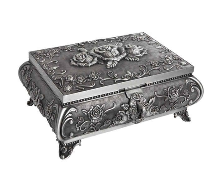 08. Queen Anne Pewter Finish Jewel Box with Lock